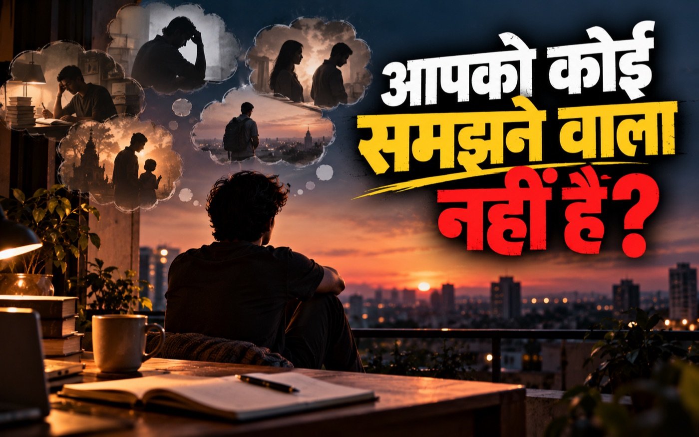 सूर्यास्त में बालकनी पर विचारों में खोया अकेला युवक, पढाई-रिश्तों-संघर्ष के खयालों से घिरा — आपको कोई समझने वाला नहीं है?